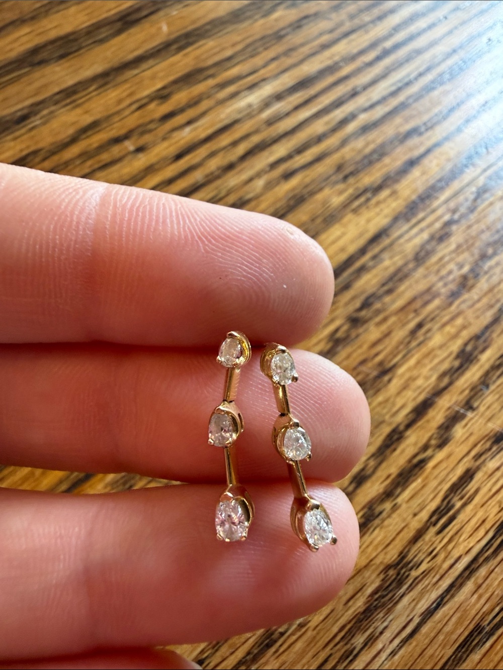 14k Yellow Gold. 3 Diamond. Earrings.